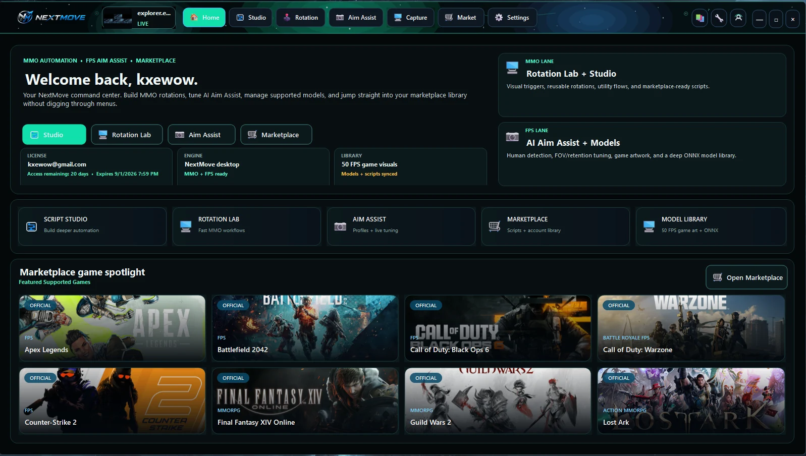NextMove home dashboard